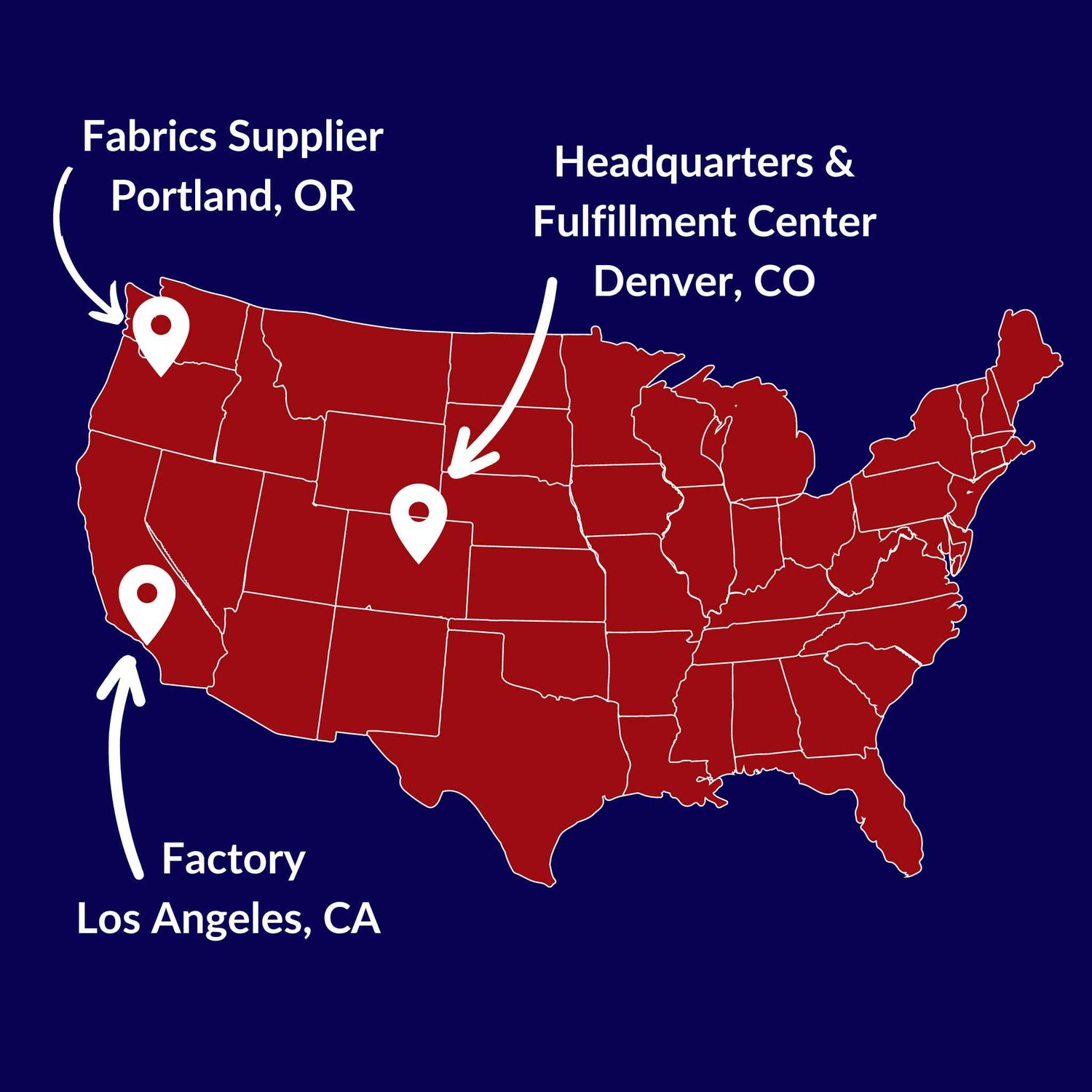 Map of the US with locations highlighted