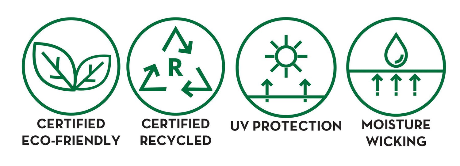 Certified eco-friendly, certified recycled, UV protection and moisture wicking icons
