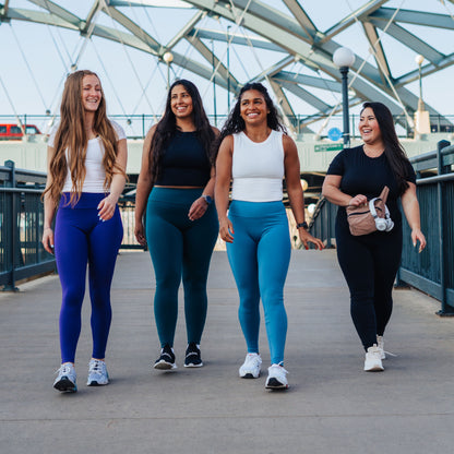 Models wearing leggings for use in active lifestyles as well as casual living.
