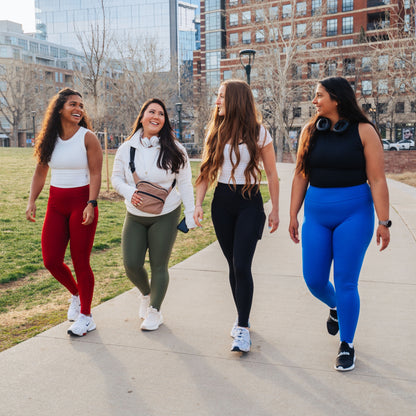 Models wearing leggings for use in active lifestyles as well as casual living.