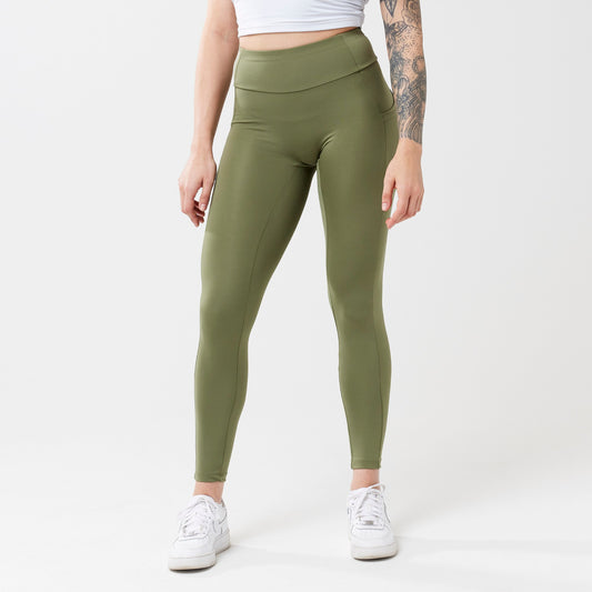 Model wearing sagewood leggings for use in active lifestyles as well as casual living.