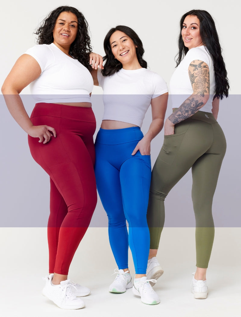 Women in red, blue and green leggings